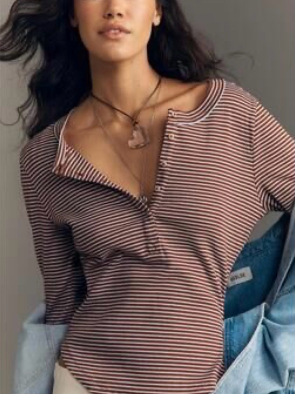 Pilcro Anthropologie Brown Light Blue Striped Ribbed Henley Top M